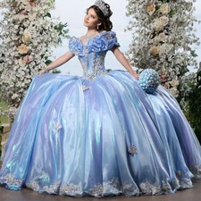 Sky Blue Shiny Quinceanera Dresses Off The Shoulder Sequin Applique Bow Beading