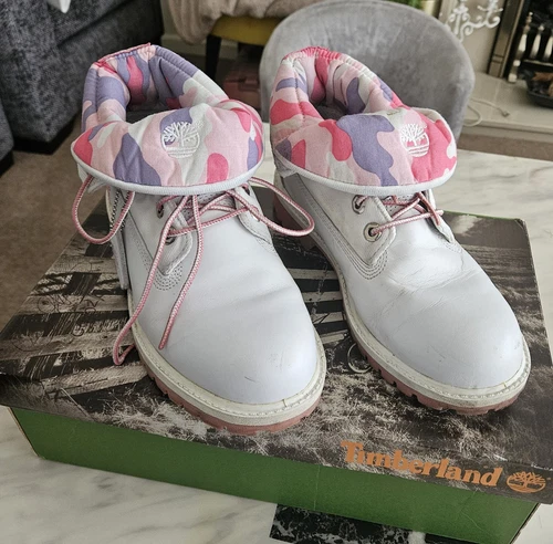 Timberland stivali donna pieghevoli UK 5 pelle bianca rosa e viola