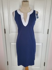 NWT-LANDS END Women's Navy/White Sleeveless, Side Pockets, 100 Cotton Dress S