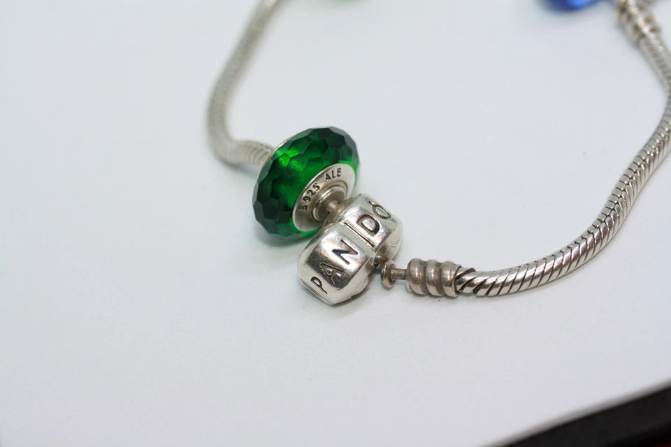 Pandora 925 Sterling Silver 4H 3 Blue Green Irish Charm Snake Chain 7" Bracelet  - Image 4 of 4