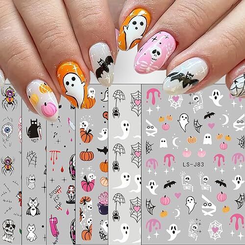Halloween Nail Stickers, Halloween Nail Art Decals 3D Self-Adhesive Pink Skull - Bild 1 von 7