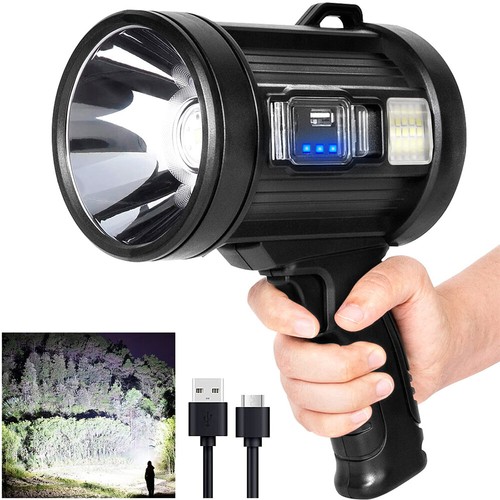 Solar LED Searchlight Rechargeable Spotlight Handheld Torch Light Lamp w Holder - Picture 16 of 19