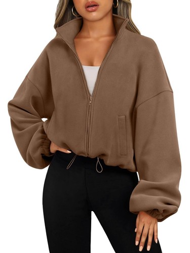 Womens Zip Up Sweatshirt Long Sleeve Loose Fit Pockets Casual Trendy Jacket - Picture 6 of 9