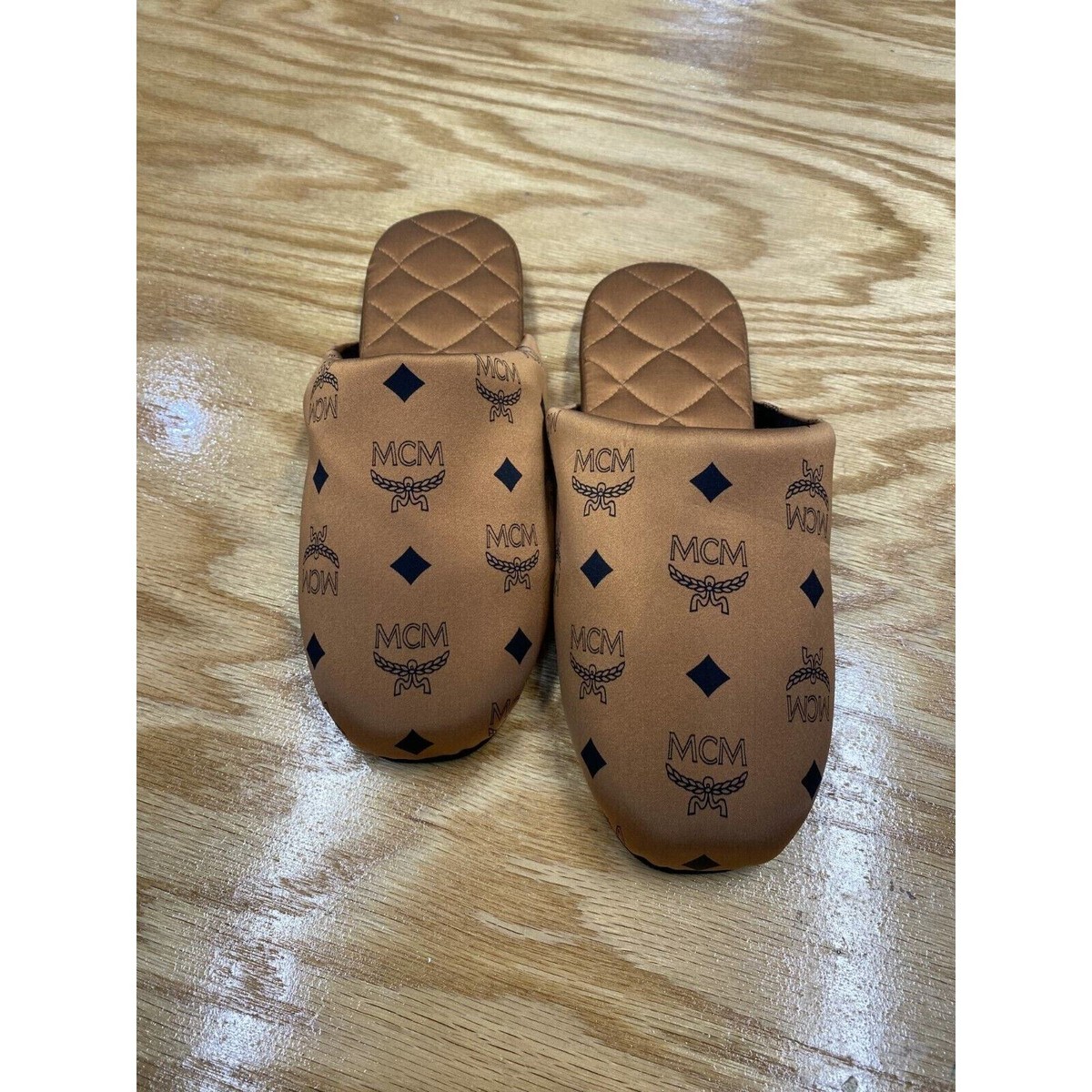 MCM Womens 7 Brown Cognac Logo Print Visetos Silk Blend Slide Room 