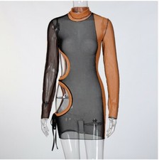 NEW Women Long Sleeve Patchwork Mesh See Through Sexy Club Wear Mini Dress #T