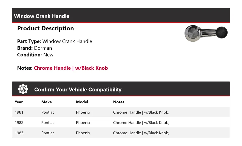Manivela de ventana para Pontiac Phoenix Dorman 1981-1983 1982 Foto 2 de 4