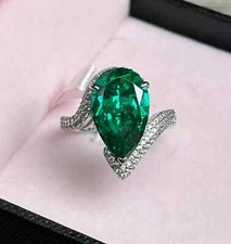 3 Ct Pear Cut Natural Emerald  Diamond Engagement Ring 14K White Gold solid