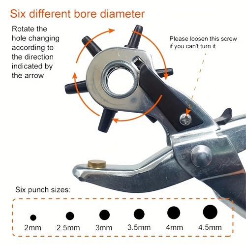 9" Leather Hole Puncher Heavy Duty Hand Pliers Belt Holes 6 Sized Puncher Tool - Picture 7 of 10