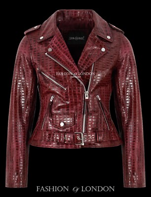 Women's Brando Style Red Waxed Croc Print Biker Cowhide Fashion Leather Jacket