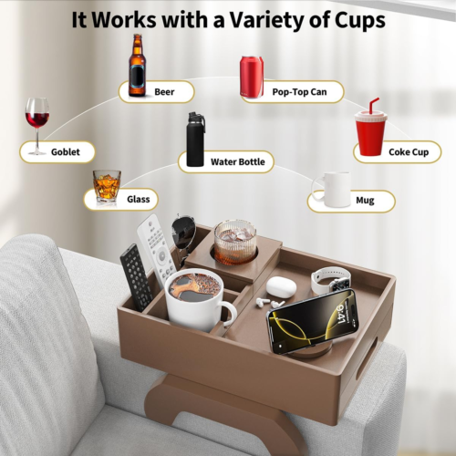 Couch Cup Holder, 7-In-1 Couch Arm Tray, Sofa Clip-On Side Table with Push-Pull - Picture 6 of 7