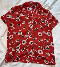 J.Crew Red Floral Pansies  S/S Blouse size XS Career Top Poppy Poly EUC
