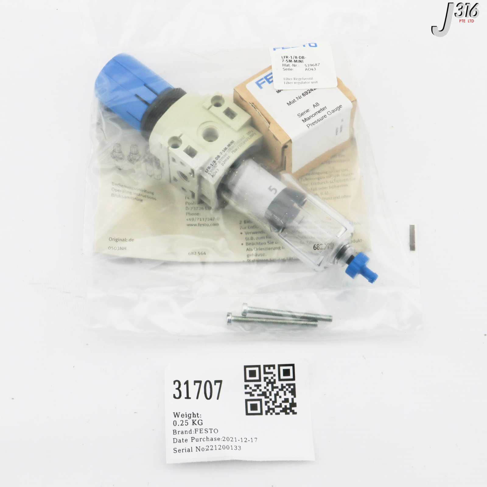 31707 FESTO FILTER REG, 539687 W/ PR GAUGE MA-40-10-1/8-DB LFR-1/8-DB-7-5M-MINI