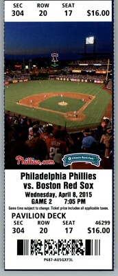 Boston Red Sox vs Philadelphia Phillies 4/8/2015 Full Ticket - Aaron Harang 8K
