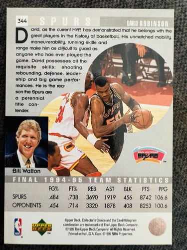 1995-96 Upper Deck Collector's Choice Player's Club David Robinson #344 HOF - Picture 2 of 2