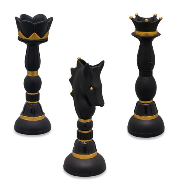 Set 3 vasi in resina nero raffiguranti Re regina e cavallo gioco Scacchi Set 3 vasi in resina nero raffiguranti Re regina e cavallo gioco Scacchi
