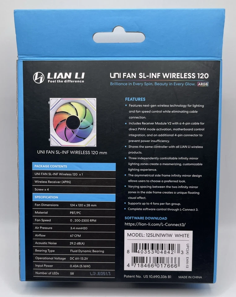 Lian Li UNI Fan SL-Infinity Wireless 120 Single Model: 12SLIN1W1B WHITE Sealed - Image 4 of 4