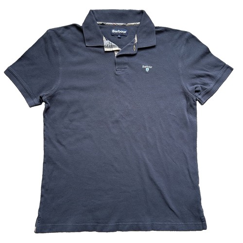 Barbour Polo Shirt Mens M/L Cotton Pique Tartan Contrasting Trim Charcoal Gray