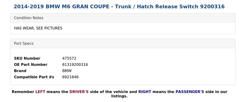 2014-2019 BMW M6 GRAN COUPE — переключатель выпуска багажника/хэтча 9200316 - Изображение 4 из 4