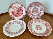 Vintage Mismatched China PINK /RED & WHITE Transferware SAUCERS ~ Set of 4