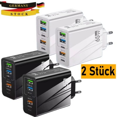 2Stück Schnellladegerät 65W Netzteil 2x USB-C +3x USB-A Charger Mehrfach Stecker