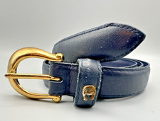 Vtg Etienne Aigner Signature Navy Leather XL Belt Brass Hardware Logo 75158