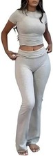 Two Piece Lounge Sets for Women Fold Over Flare Pants Short Sleeve Crop Top Y...