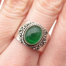 925 Sterling Silver Vintage Real Cabochon Jade Oxidized Ring Size 7.75