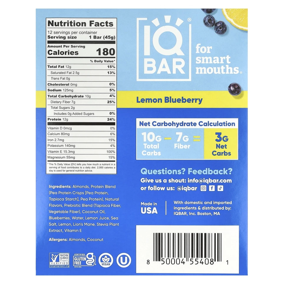 Barra de proteína vegetal, arándano limón, 12 barras, 1,6 oz (45 g) cada una Foto 2 de 3