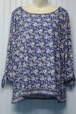 Max Studio bright blue flowered stretch scoop neck 3/4 sleeve pullover top 1X