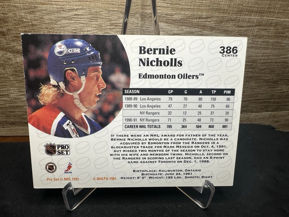 1991 Pro Set Bernie Nicholls #386 - Edmonton Oilers In-Person On-Card AUTO - Image 2 of 2