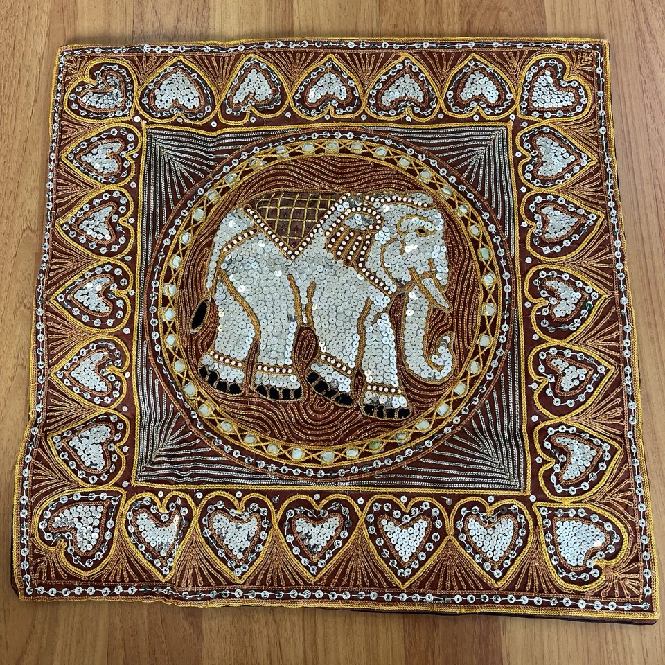 pillow cover case Thai Burmese embroidered elephant bead sequins handmade yellow - Image 2 of 4