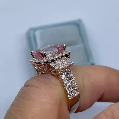 3Ct Cushion Cut Lab-Created Morganite Halo Engagement Ring 14K Rose Gold Plated - Picture 4 of 7