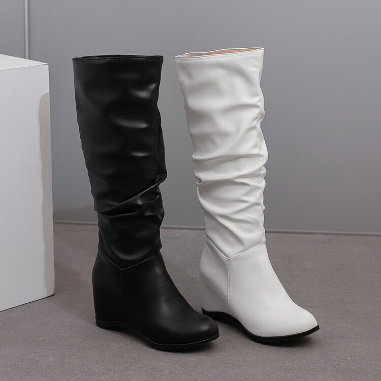 Women Mid Calf Slouch Boots Winter Wide Leg Stretch Wedge Riding