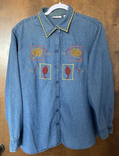 Ms. Lee Denim Knopfleiste Langarm Bluse bestickt Herbst Herbst Blätter 1X