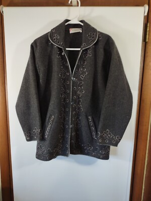 Oswal Gray Wool Lavika Knit Button Front Jacket, Embroidered, Pockets