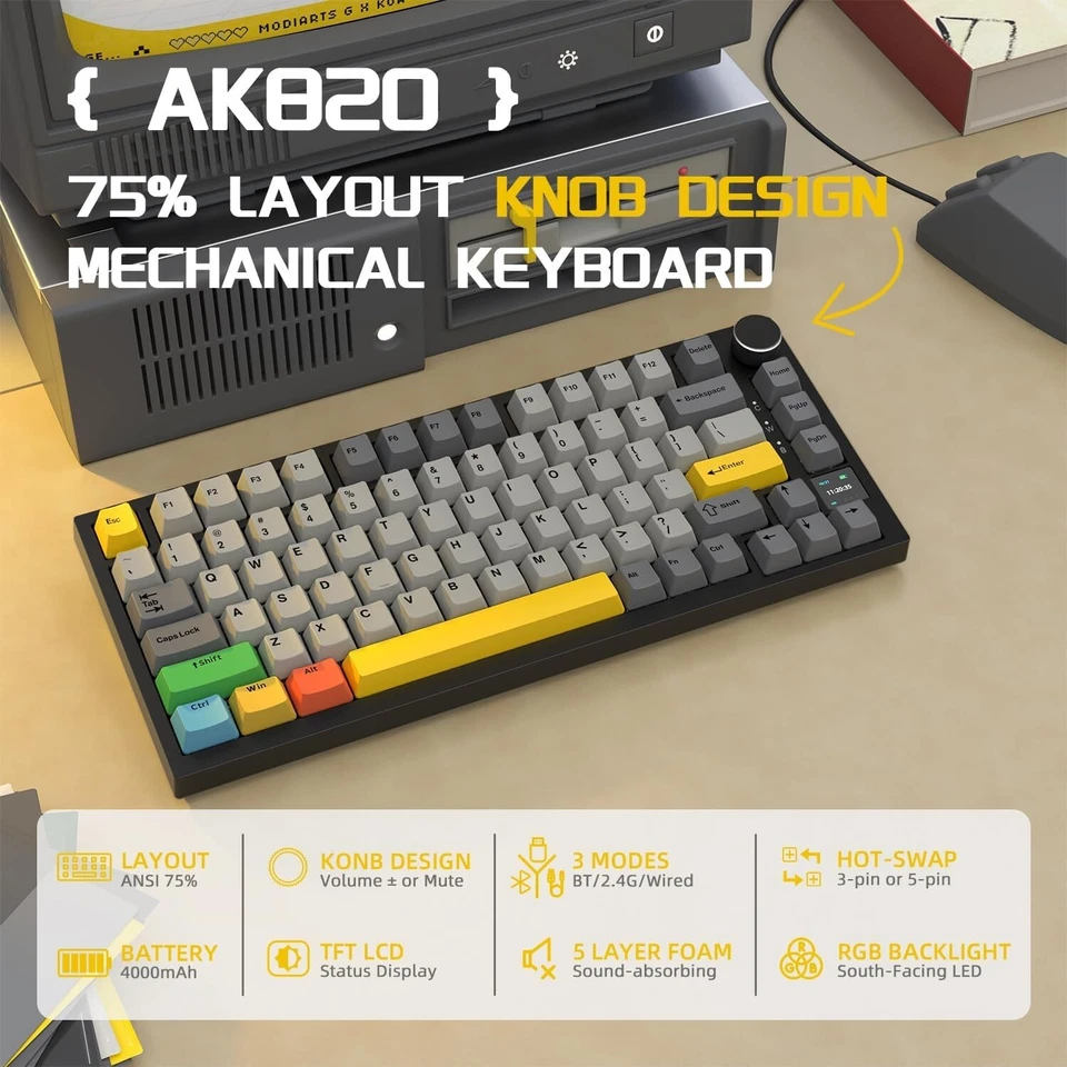 AJAZZ AK820 Pro Wireless Mechanical Gaming Keyboard Hot Swappable TFT Display - Image 2 of 4