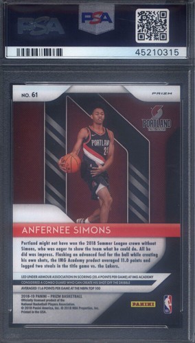 2018 Panini Prizm #61 Anfernee Simons Silver Rookie PSA 10 - Picture 2 of 2
