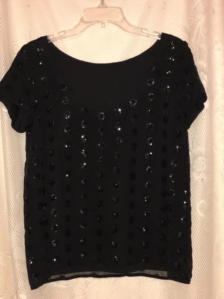 Женский черный топ Milly с коротким рукавом с блестками в горошек с глубоким круглым декольте сзади размер 6 - Изображение 2 из 4