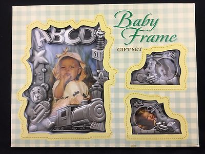 Baby Photo Frames Gift Set of 3 Brushed Silver Metal Newborn Nursery Décor Train