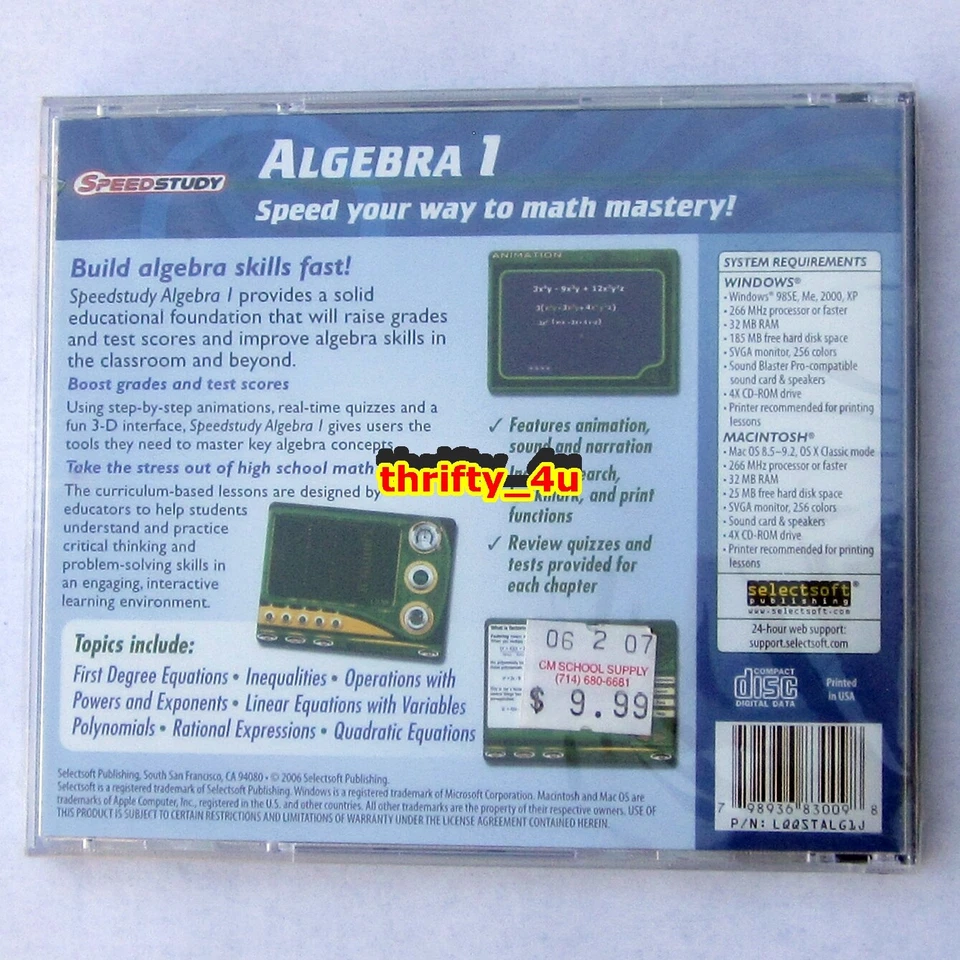 Selectsoft Publishing CD-ROM Speed Study Algebra 1 Math, PC & Mac, NIP SEALED - Image 2 of 2