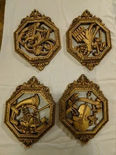 4 Vintage 1976 HOMCO Gold Music Instruments Cello Harp Horn Wall Hangings Art 