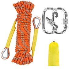 NTR 8MM Static Climbing Rope Orange 32ft with 2 Steel Hooks, Rappelling Rope