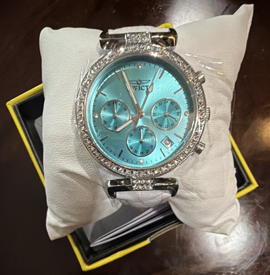 Invicta Women Quartz Chronograph Blue Dial Date White Leather Strap w/ Box