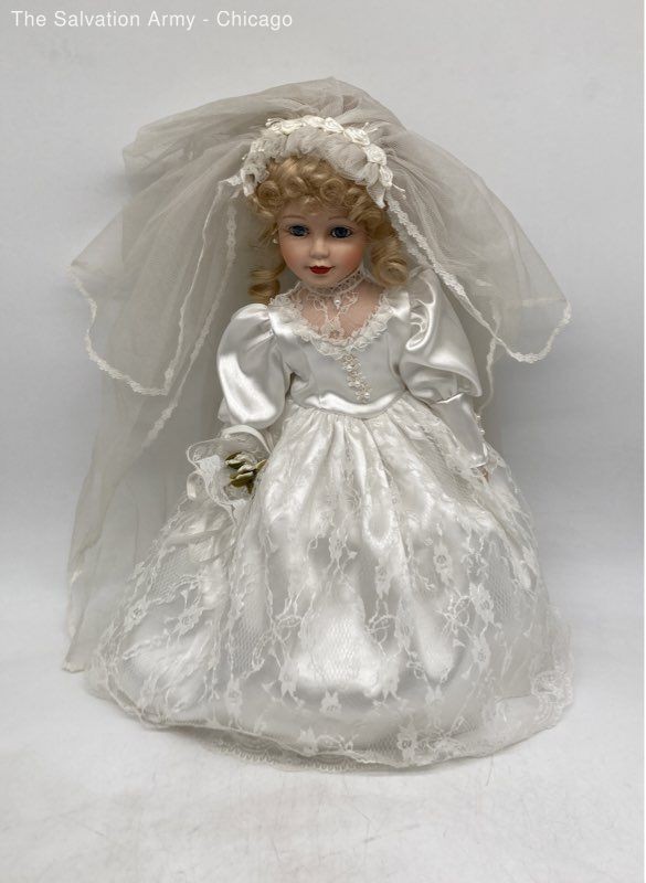 Blonde Curly Hair Blue Eyes White Dress Bride Girl Porcelain Doll