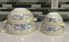 Vintage Pyrex Homestead Cinderella Mixing Bowl Set 441, 442, 443, 444 Tan Blue 4