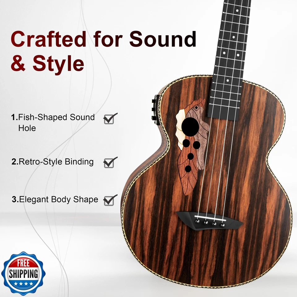 Caramel Ebony Wood Baritone Ukulele 30inch Wood LCD Color Display Electric Uk - Image 2 of 4