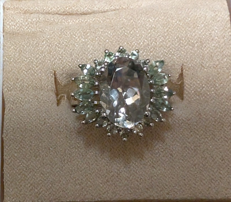 Green Amethyst 6 Ct with Green Sapphire Ring SS 925 Size 8 1/4 See Picture