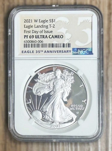 2021-W American Silver Eagle Landing T-2 NGC PF69 Ultra Cameo First Day of Issue