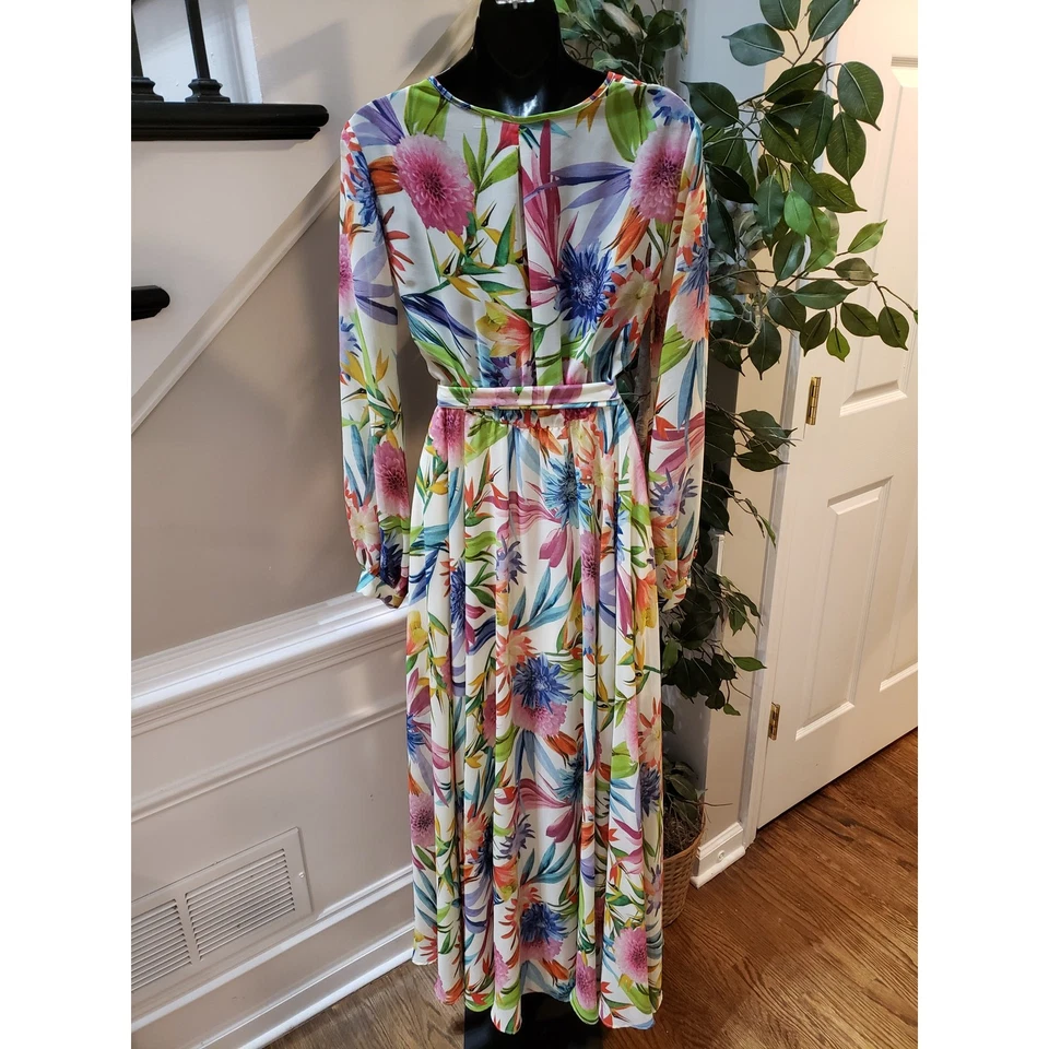 Vestido longo Ark & Co. feminino pequeno multi floral forrado gravata cintura envoltório gola V - Imagem 4 de 4