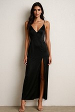 Forever 21 Contemporary Satin Black Slip Dress Rayon XS Midi Adjustable Strap
